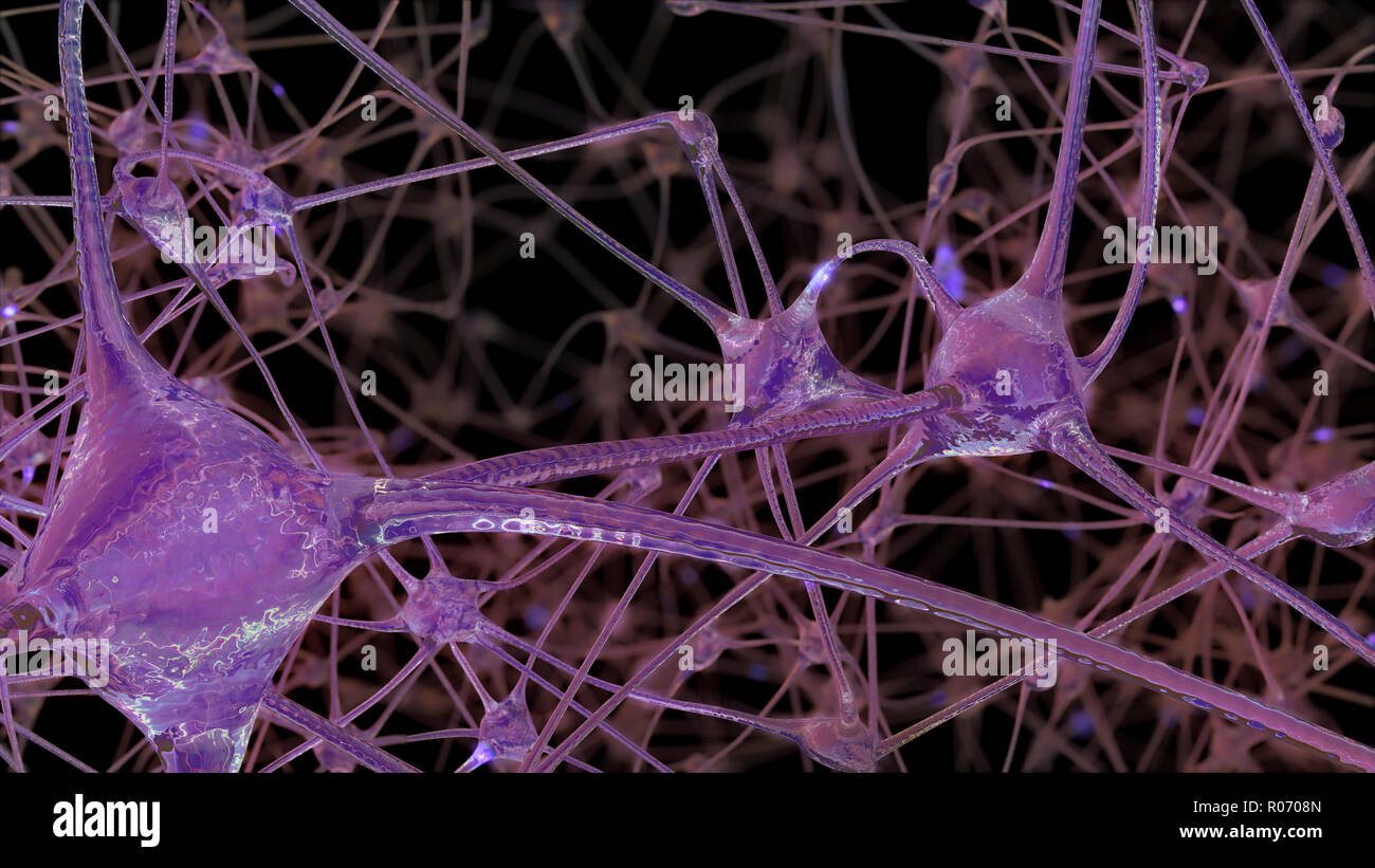 3D rendering of a network of neuron cells and synapses through which ...