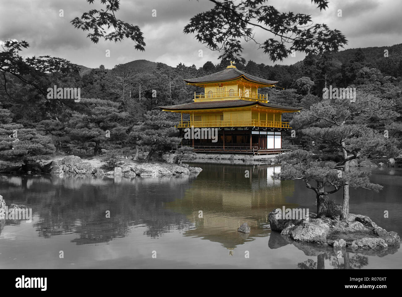 The enchanting Golden Pavilion Kinkakuji in Tokyo in black and white Stock Photo