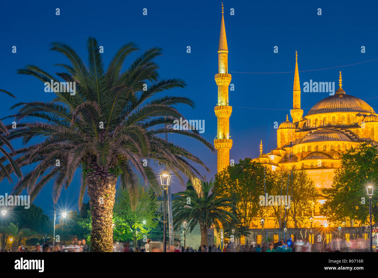Blue Mosque at night with golden illumination, wide view of Istanbul in ...