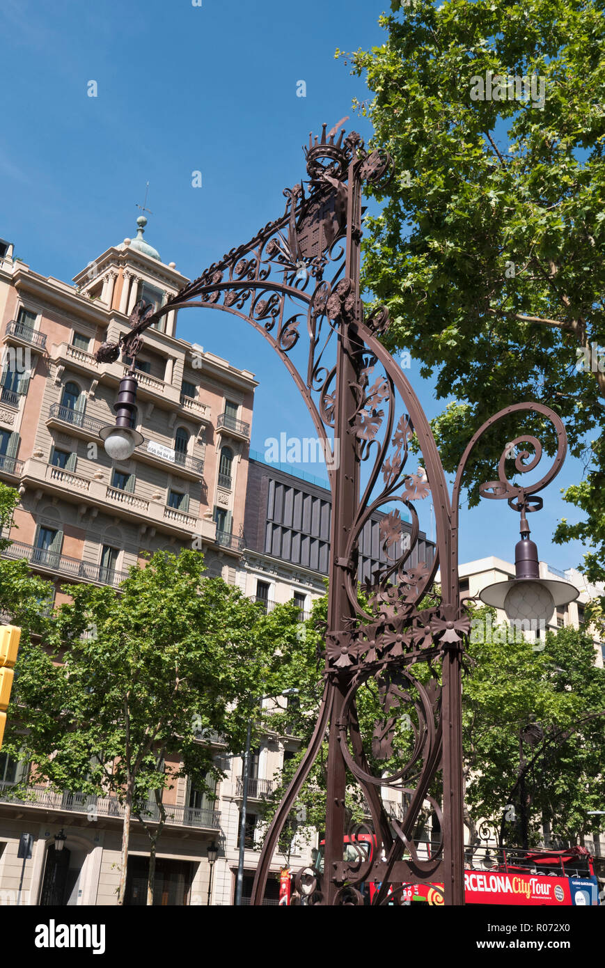 An ornate street lamp post in Barcelona, Spain Stock Photo