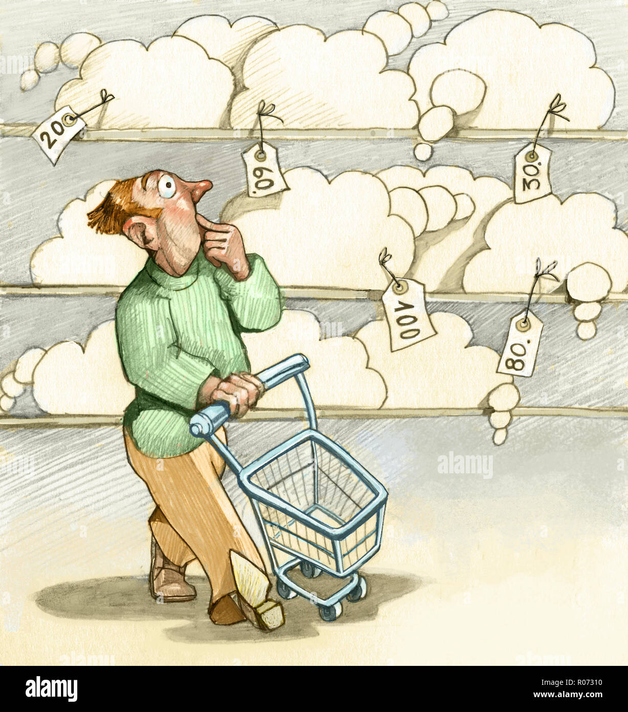 man with cart reimburses in supermarket he looks doubtful a shelf full of dreams with the label of the price humoral pencil conceptual draw Stock Photo