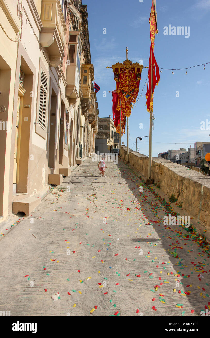 Marsa, Malta May 2018 Festively decorated street with flags for
