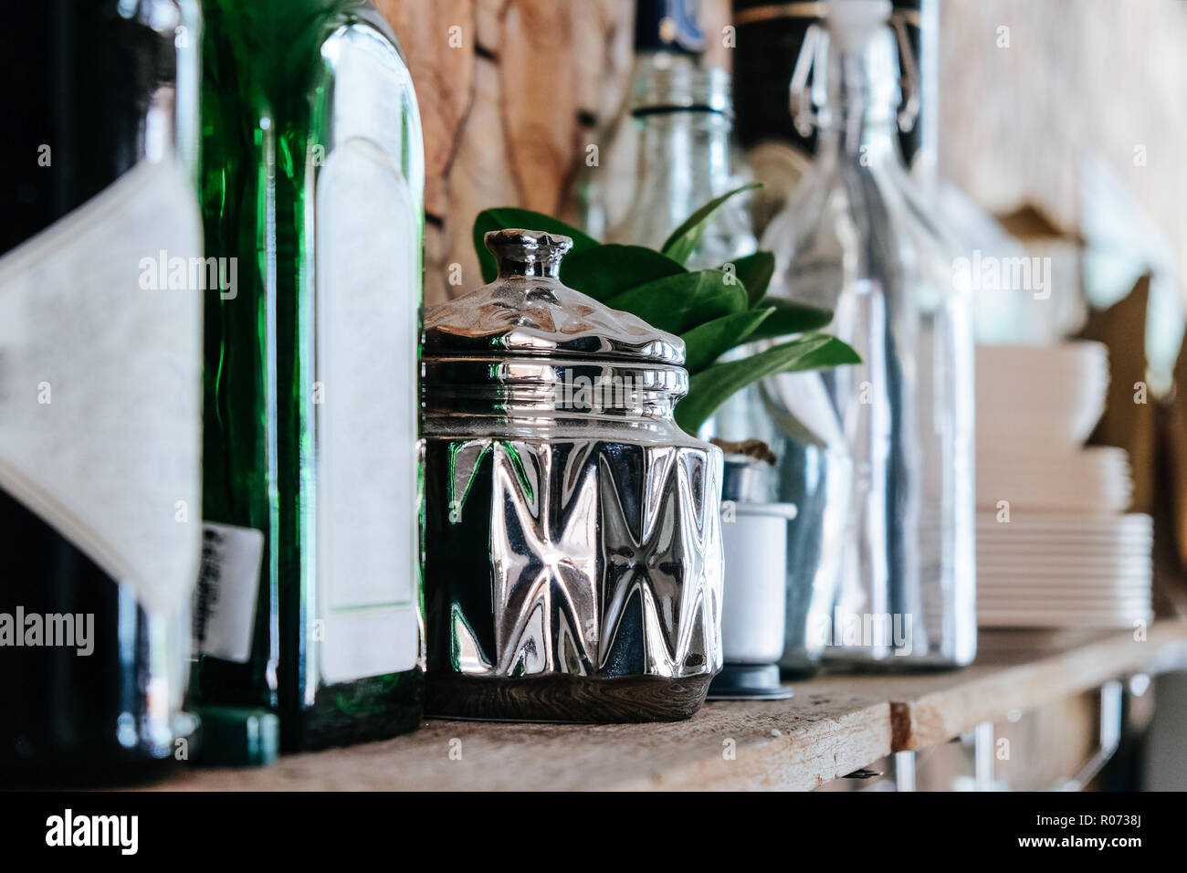 vintage bar ware on Shelves Stock Photo Alamy