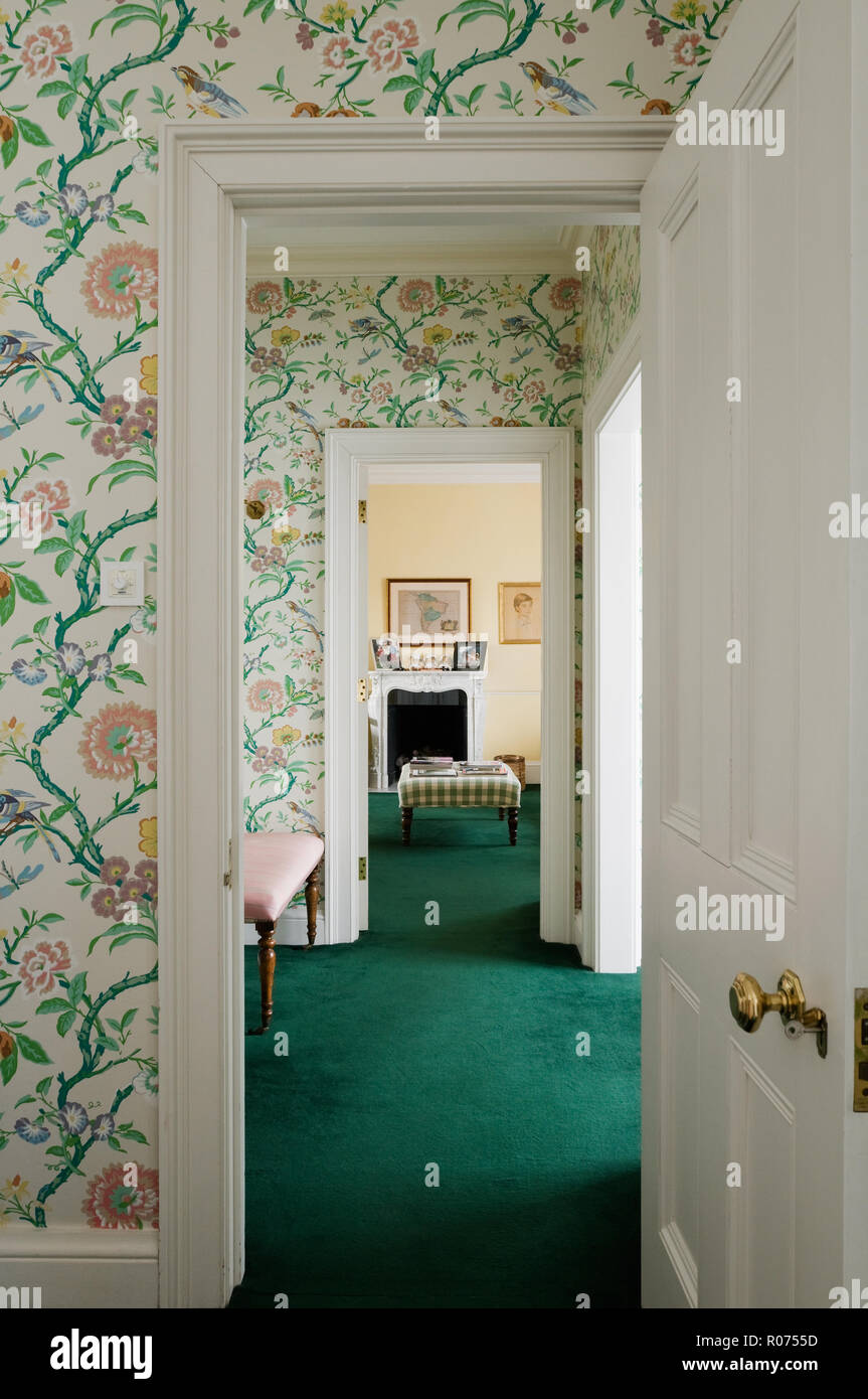 Open door with floral wallpaper Stock Photo