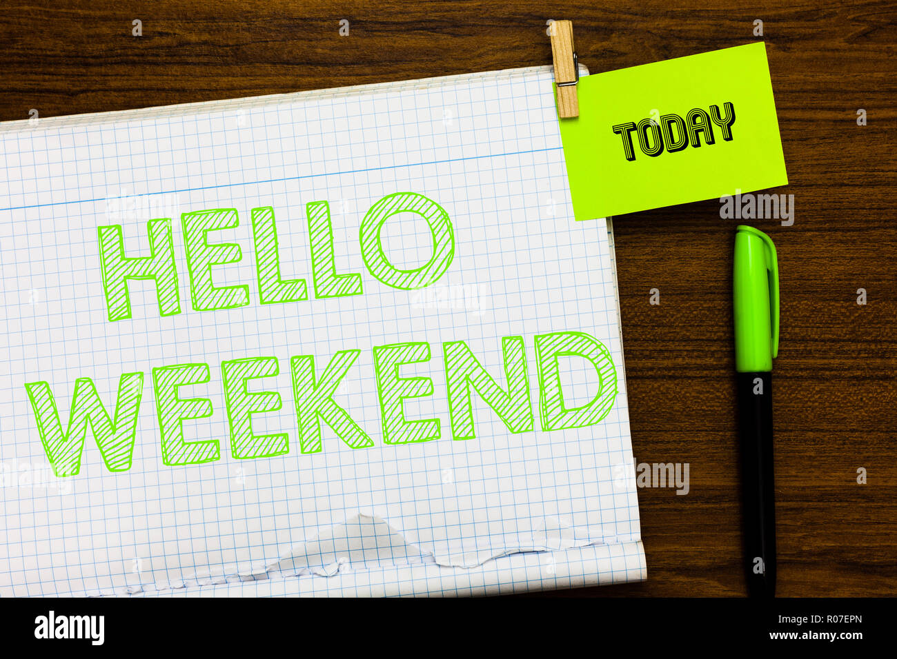 Writing note showing Hello Weekend. Business photo showcasing Getaway Adventure Friday Positivity Relaxation Invitation Open notebook page markers hol Stock Photo