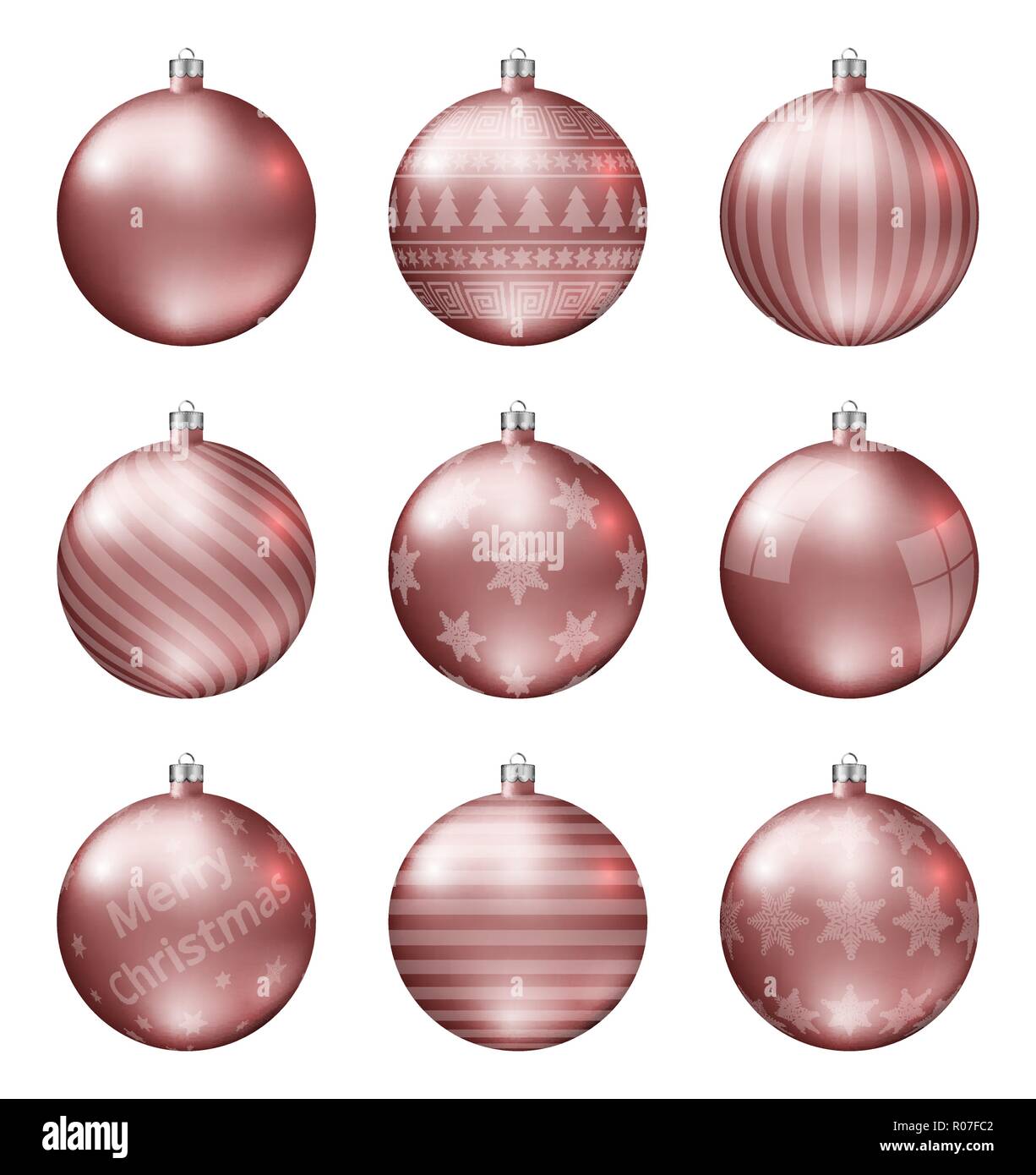 Pastel red christmas balls isolated on white background. Photorealistic high quality vector set of christmas baubles. Stock Vector