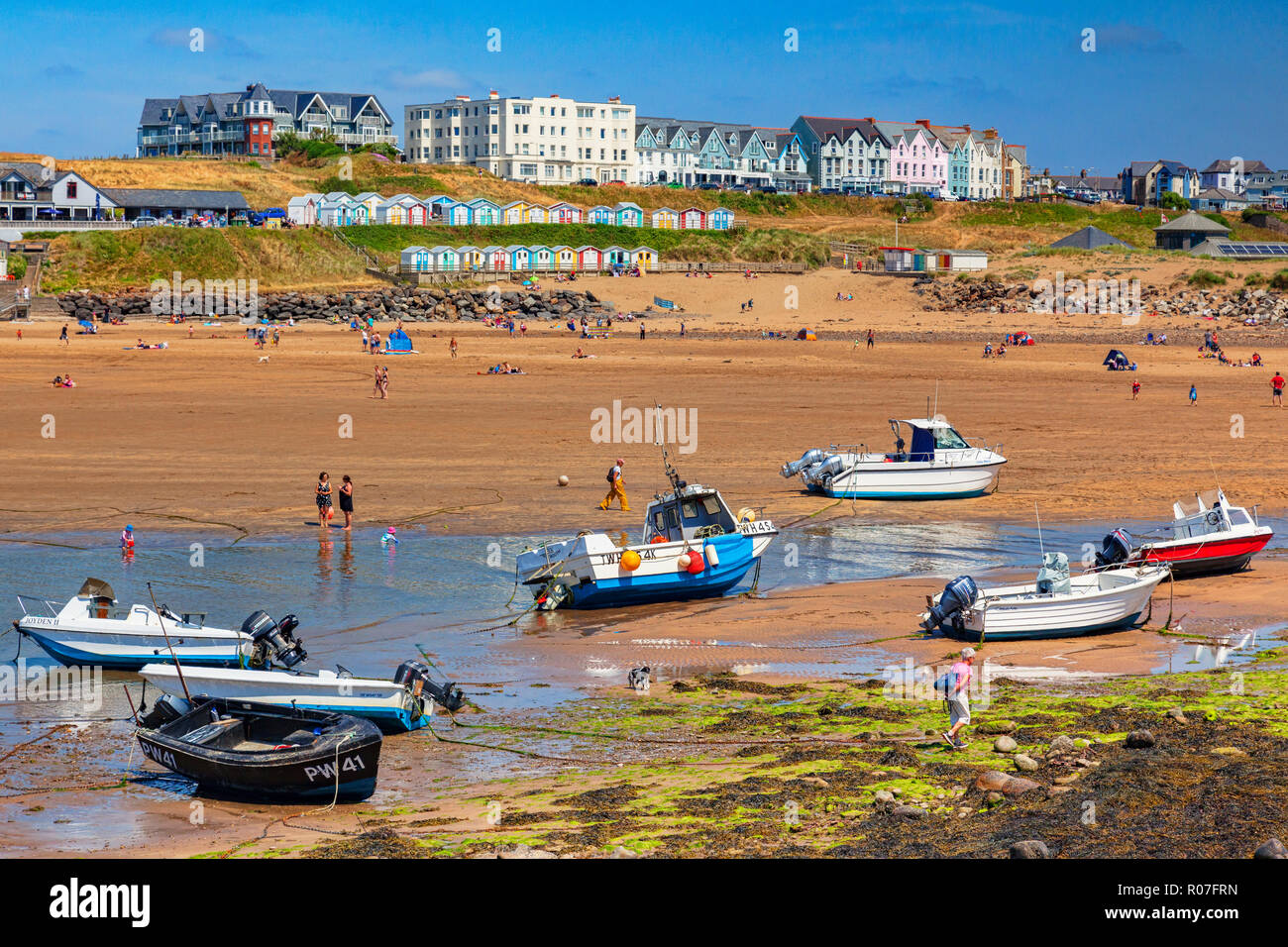 6 July 2018: Bude, Cornwall, UK - The beach during the summer heatwave, at low tide. Stock Photo