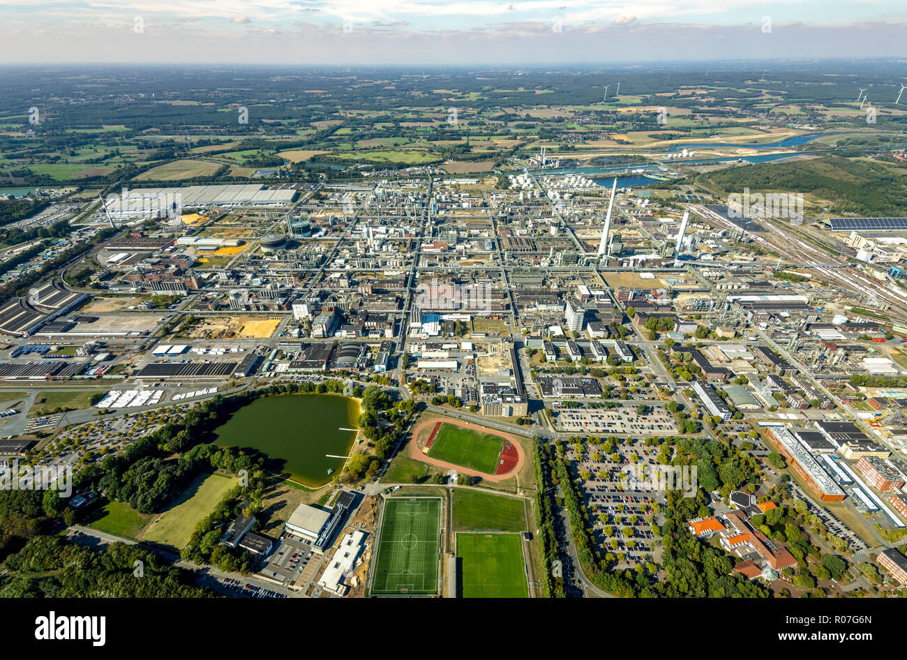 Aerial photograph, Marl Chemical Park, Chemical Factory, Sasol Germany GmbH, formerly Hüls Chemicals, Degussa, ISP Marl GmbH, Hüls, Marl, Ruhr Area, N Stock Photo