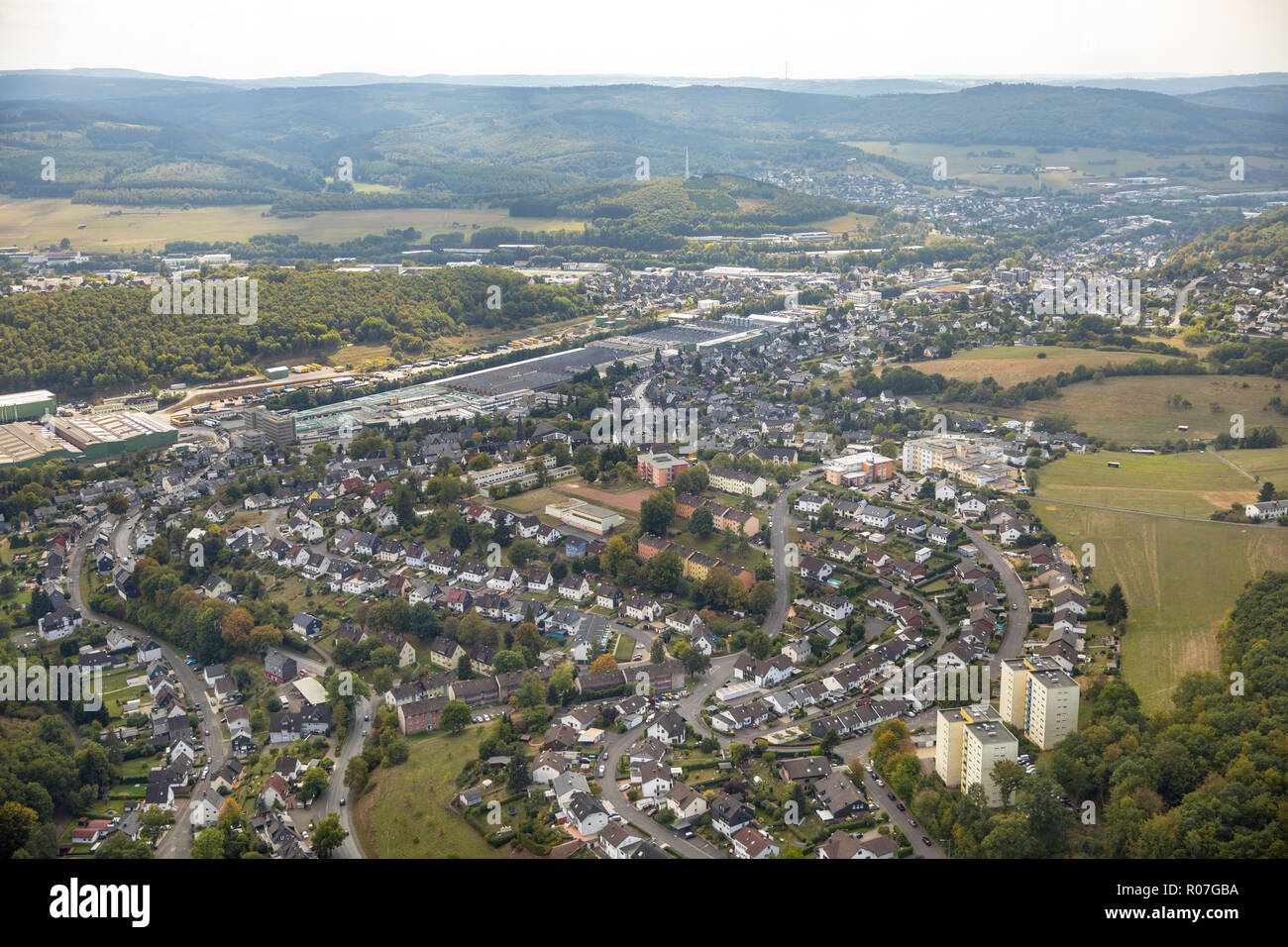 Aerial photograph, overview of Neunkirchen, SSI SCHAEFER - Fritz Schäfer GmbH, Salchendorf, Neunkirchen, Siegerland, Siegen-Wittgenstein, North Rhine- Stock Photo