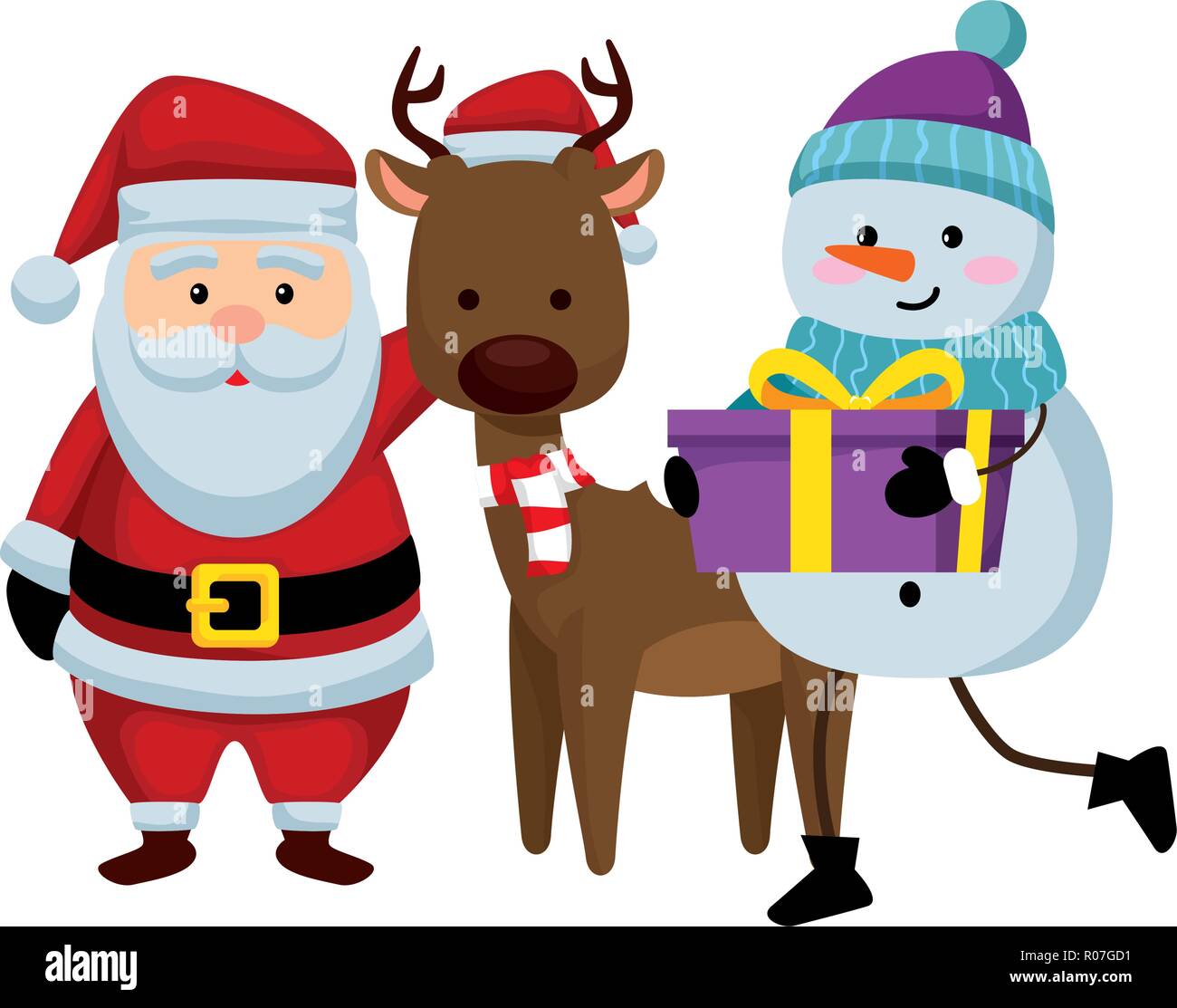 christmas santa claus with reindeer and snowman vector illustration ...