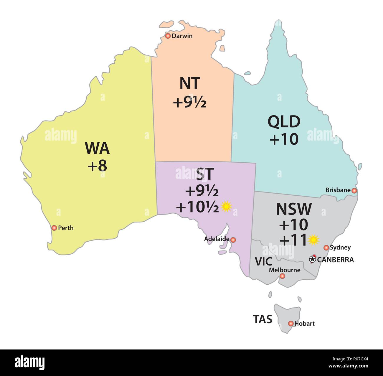 Australia uses three main time zones vector map. Stock Vector