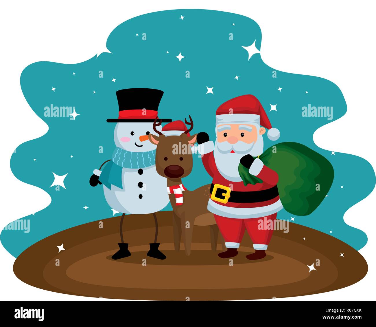 christmas santa claus with reindeer and snowman vector illustration ...