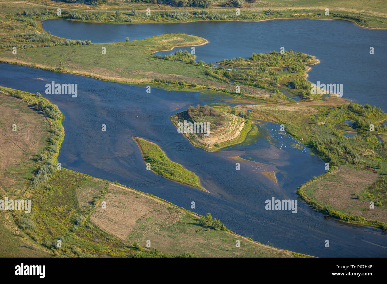 Aerial view, Lippedelta, new mouth of the mouth, low tide, sand banks, river, mouth in the Rhine, Lippedorf, Wesel, Ruhr area, Niederrhein, North Rhin Stock Photo