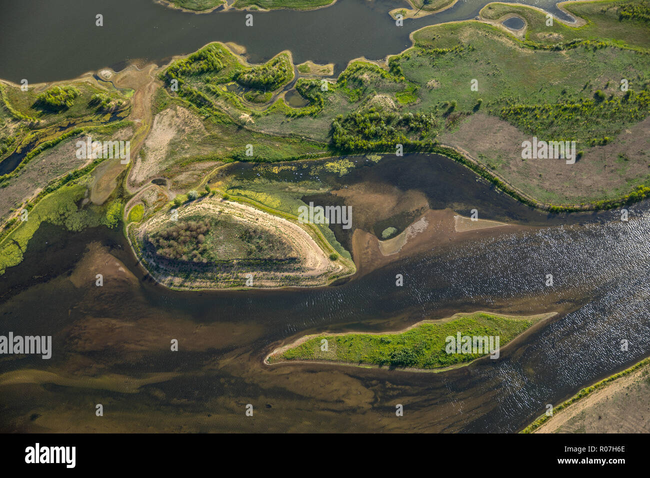 Aerial view, Lippedelta, new mouth of the mouth, low tide, sand banks, river, mouth in the Rhine, Lippedorf, Wesel, Ruhr area, Niederrhein, North Rhin Stock Photo