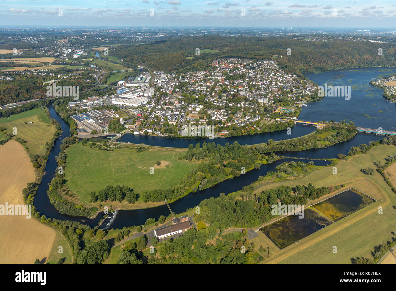 Aerial view, overview weather, Obergraben, Ruhr, Harkortsee, running water power plant, run-of-river power station, dam, bridge, industrial estate, Ru Stock Photo