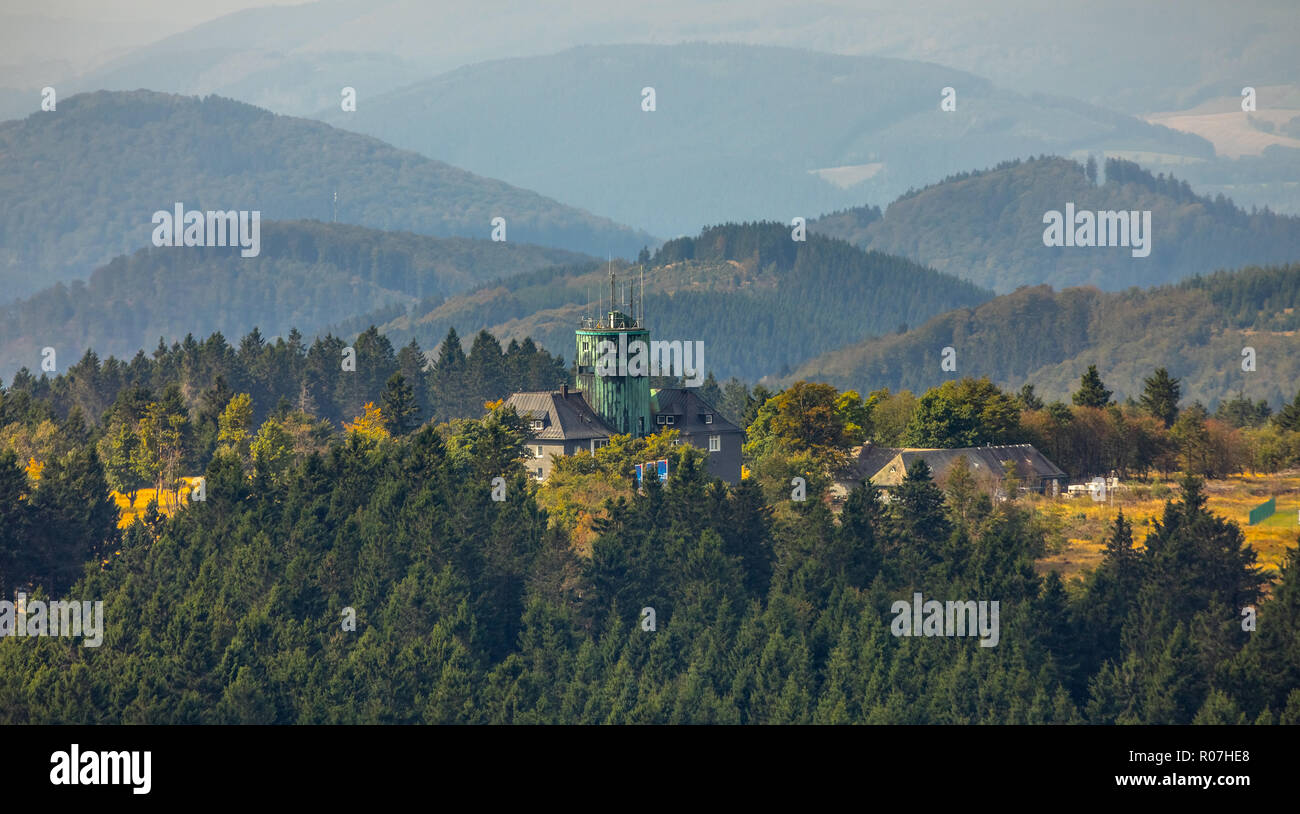 Aerial View, Mountain Station Kahler Asten, German Weather Service, Kahler Asten mountain hotel and restaurants, Lenneplätze, Winterberg, Sauerland, N Stock Photo