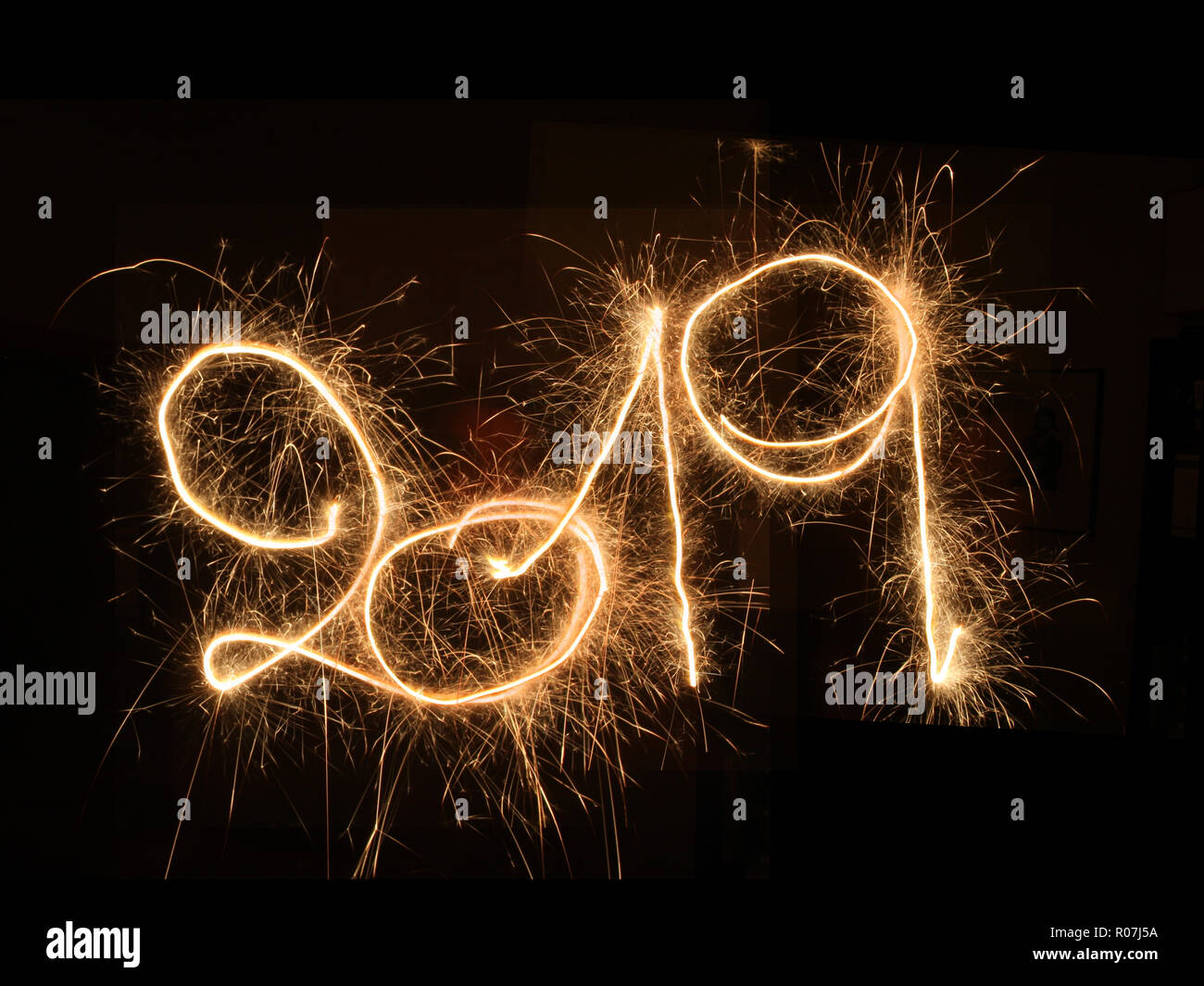 Happy New Year 2019 written with sparklers Stock Photo