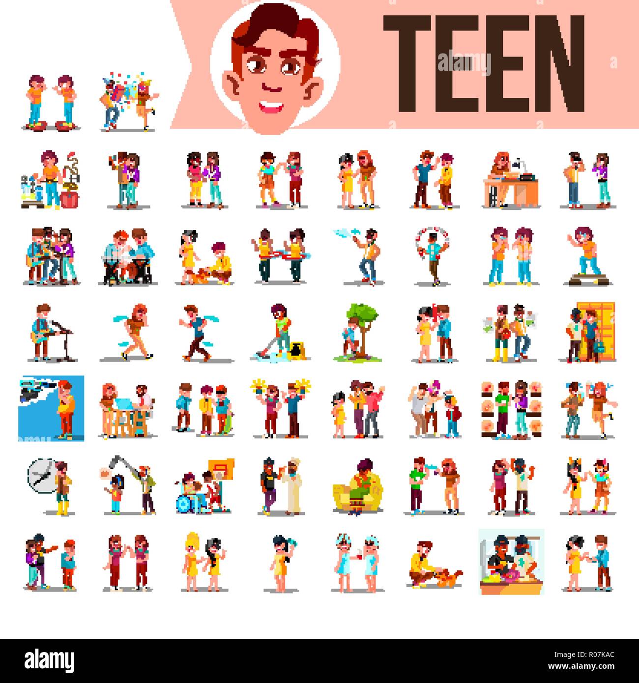 Teen Set Vector. Lifestyle Teenager Situations. Spending Time Together At Home, Outdoor. Isolated Cartoon Illustration Stock Vector