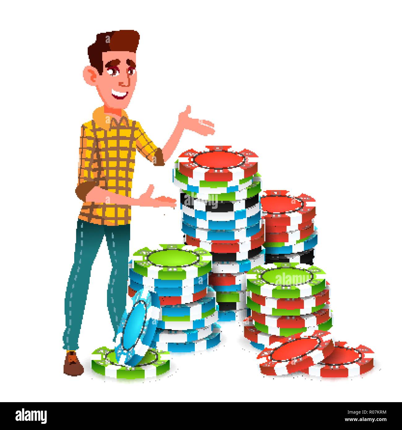 Young Gambler With Huge Stack Of Poker Chips Vector. Isolated
