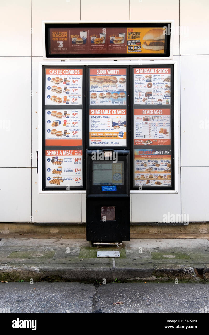 A drive-through  menu and computer screen outside a White Castle on Bell Blvd. in Bayside, Queens allowing customers to order from their car. Stock Photo