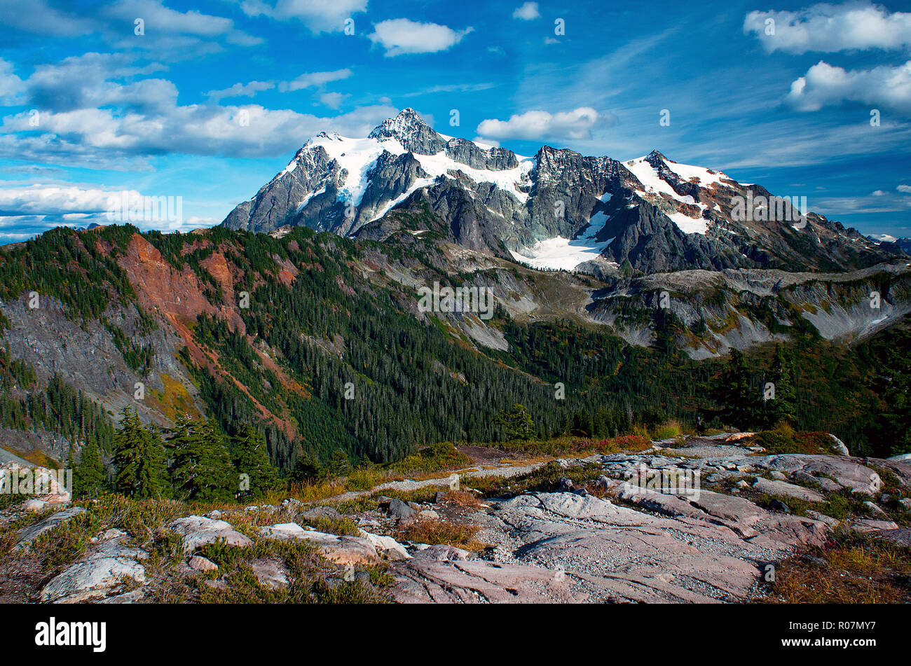 September 27, 2018: The glaciers of Mount Shuksan, Mount Baker Wilderness, Snoqualmie National Forest, Washington, USA. Stock Photo