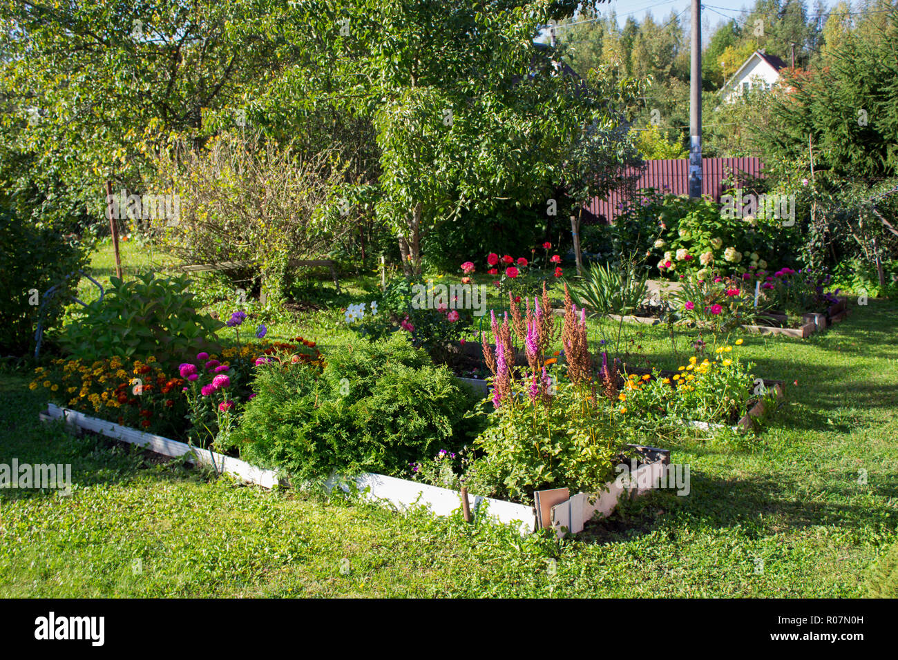 scenery of modest landscaping area of grass and flowers in the