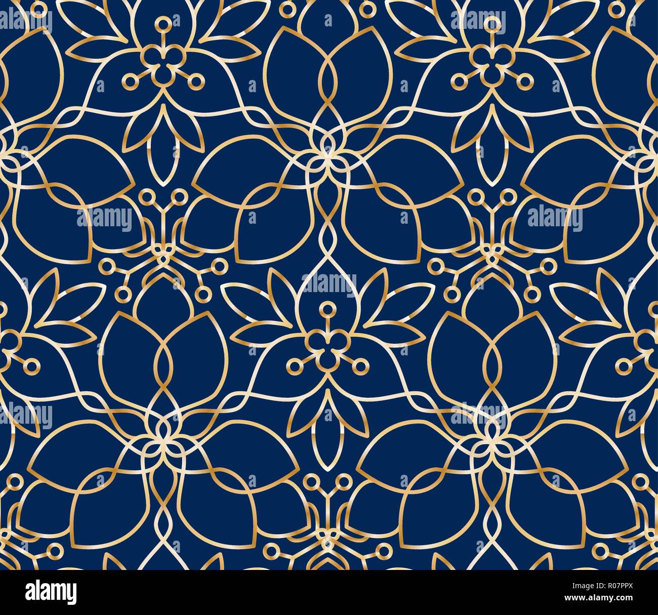Seamless linear golden flower pattern on blue background Stock Vector