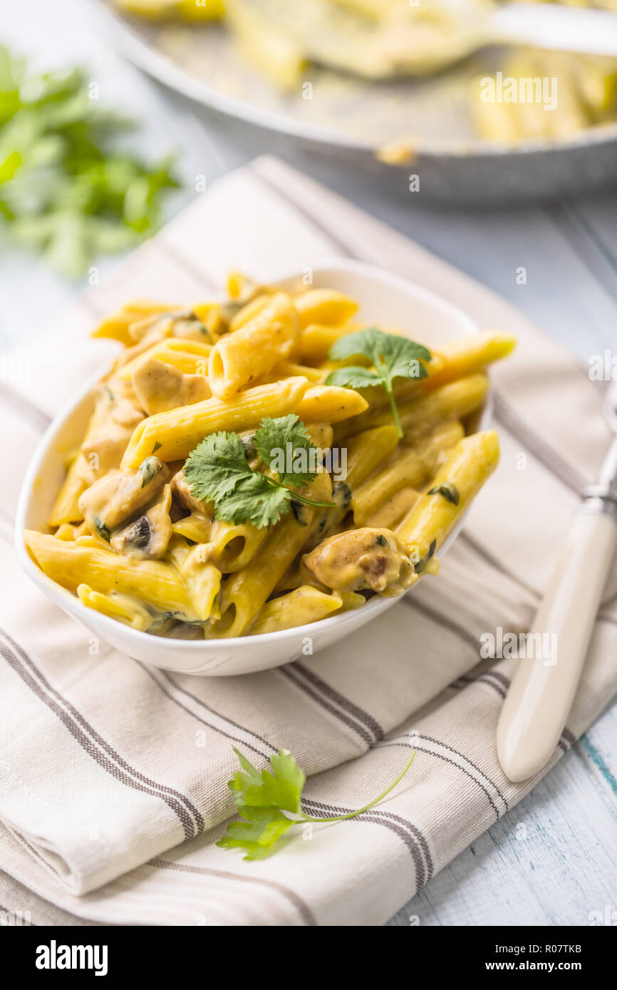 Pasta pene with chicken pieces mushrooms parmesan cheese sauce and herb decoration. Pene con pollo - Italian or medierranean cuisine. Stock Photo