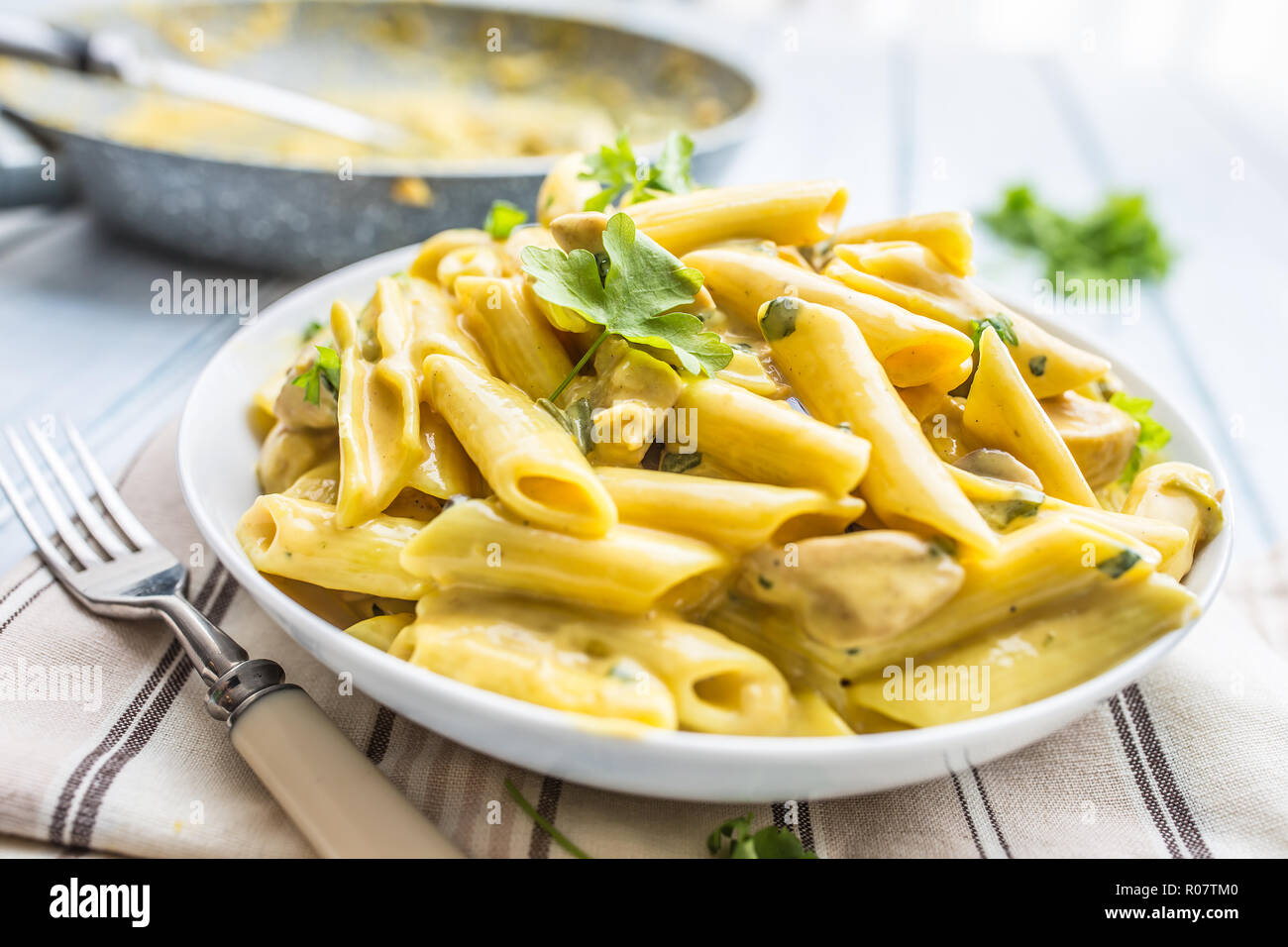 Pasta pene with chicken pieces mushrooms parmesan cheese sauce and herb decoration. Pene con pollo - Italian or medierranean cuisine. Stock Photo