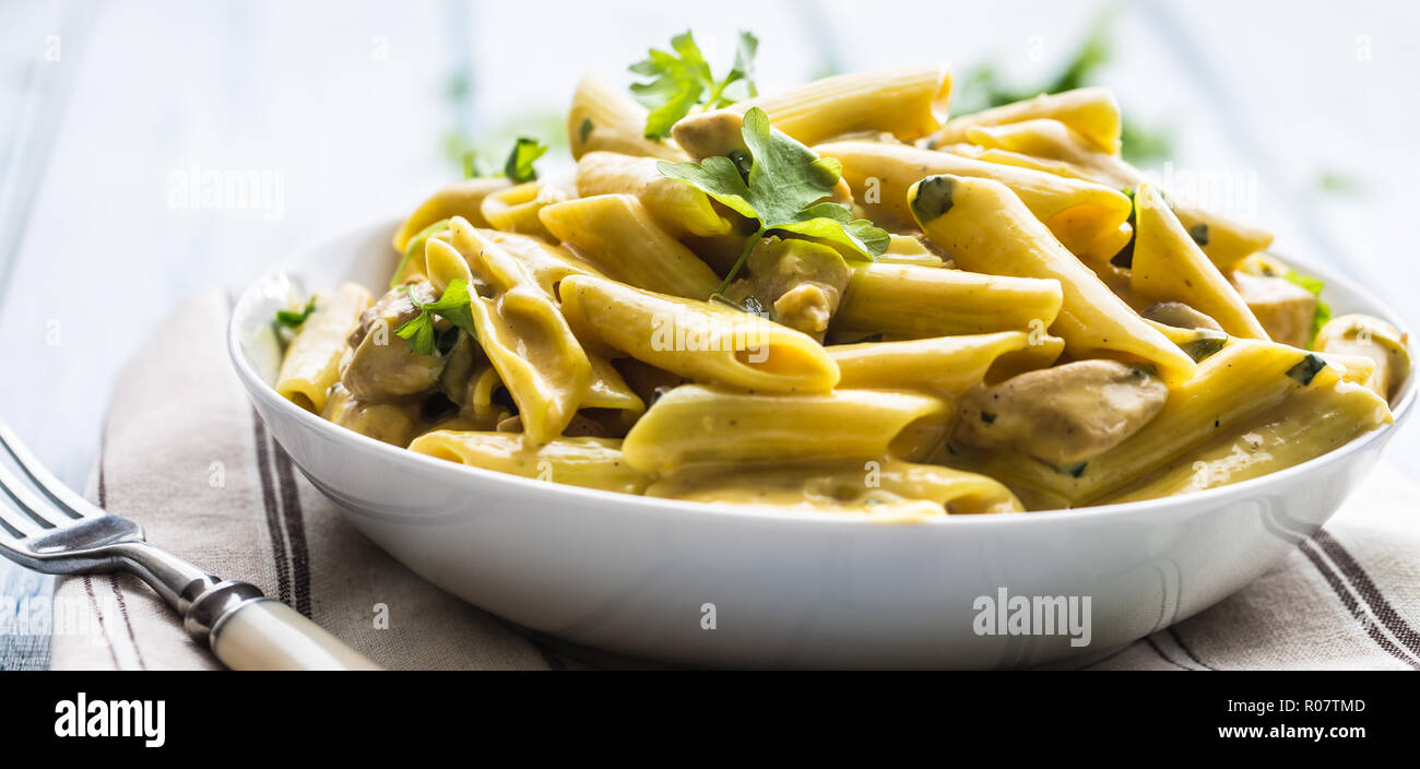 Pasta pene with chicken pieces mushrooms parmesan cheese sauce and herb decoration. Pene con pollo - Italian or medierranean cuisine. Stock Photo