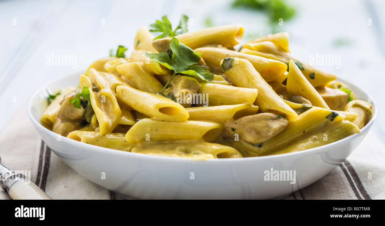 Pasta pene with chicken pieces mushrooms parmesan cheese sauce and herb decoration. Pene con pollo - Italian or medierranean cuisine. Stock Photo