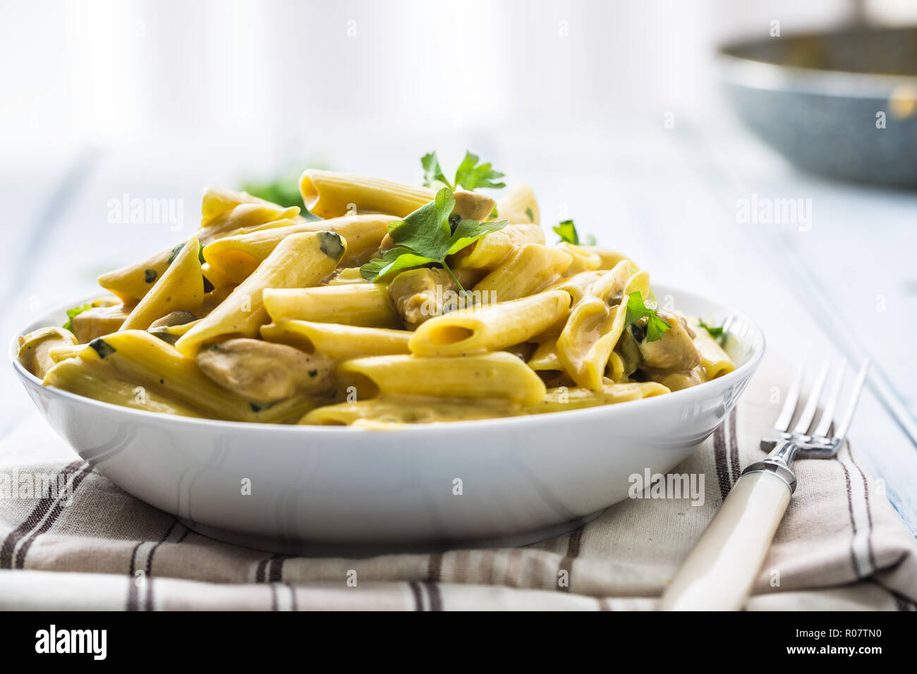 Pasta pene with chicken pieces mushrooms parmesan cheese sauce and herb decoration. Pene con pollo - Italian or medierranean cuisine. Stock Photo