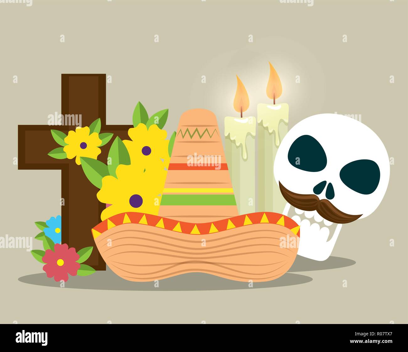 skull with cross and candles to celebrate day of the dead Stock Vector