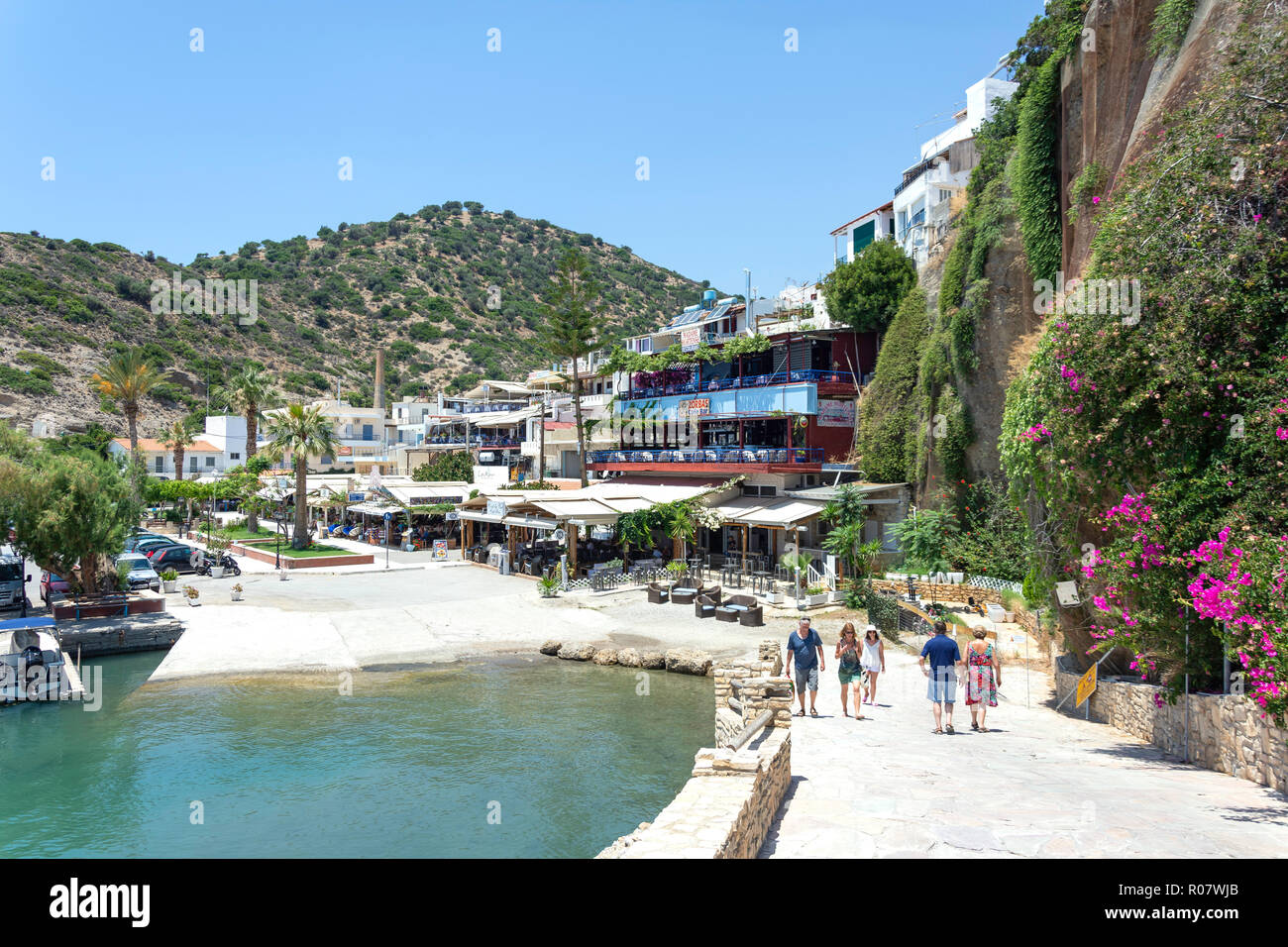 Village and harbour promenade view, Agia Galini, Rethimno Region, Crete (Kriti), Greece Stock Photo