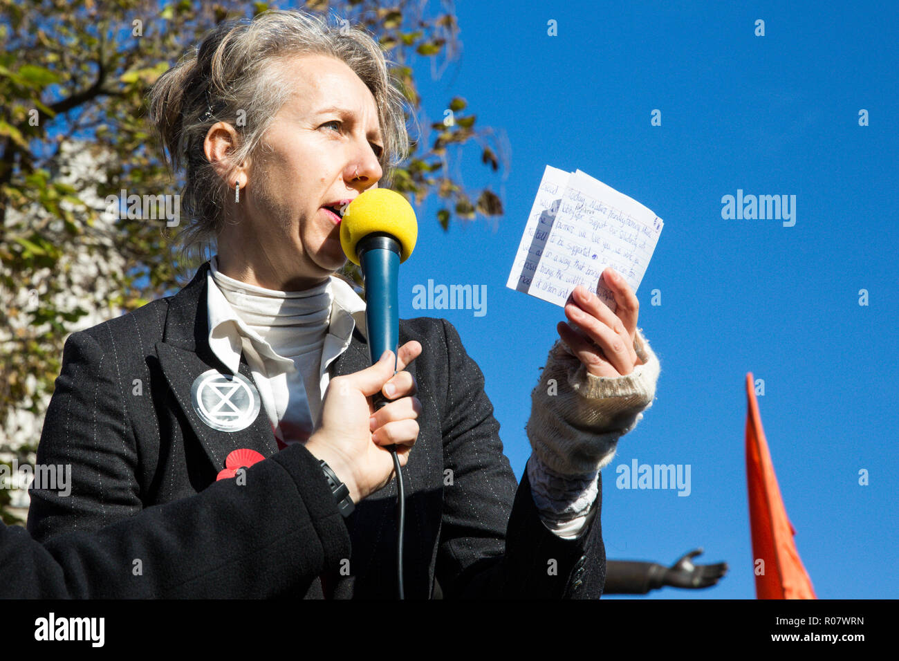 London, UK. 31st October, 2018. Dr Gail Bradbrook, scientist and activist, addresses environmental campaigners gathered in Parliament Square make a fo Stock Photo