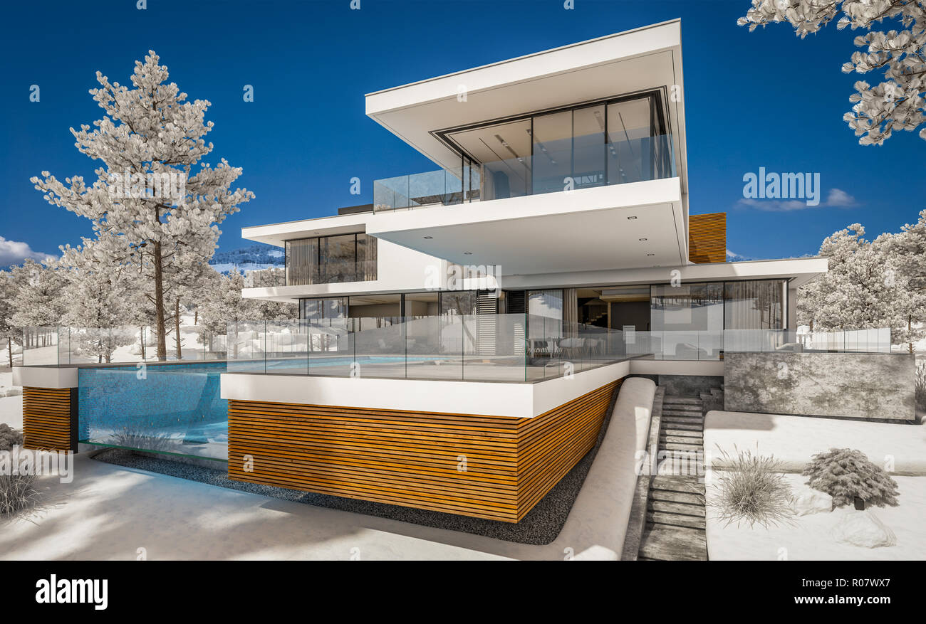 3d Rendering Of Modern Cozy House By The River With Garage Cool