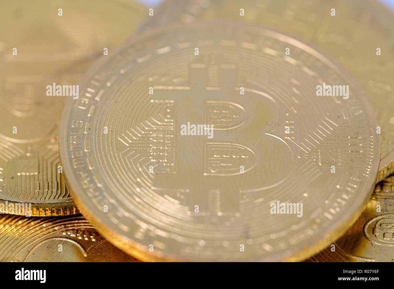 Close up Bitcoin tokens stacked, flat lay view. Cryptocurrency concept with copy space. Stock Photo