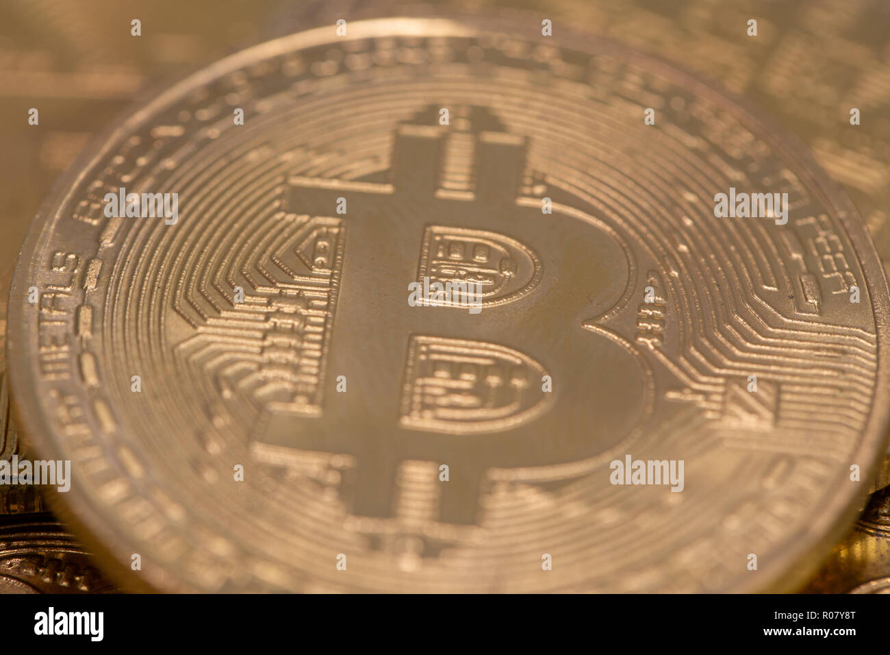 Close up Bitcoin tokens stacked, flat lay view. Cryptocurrency concept with copy space. Stock Photo