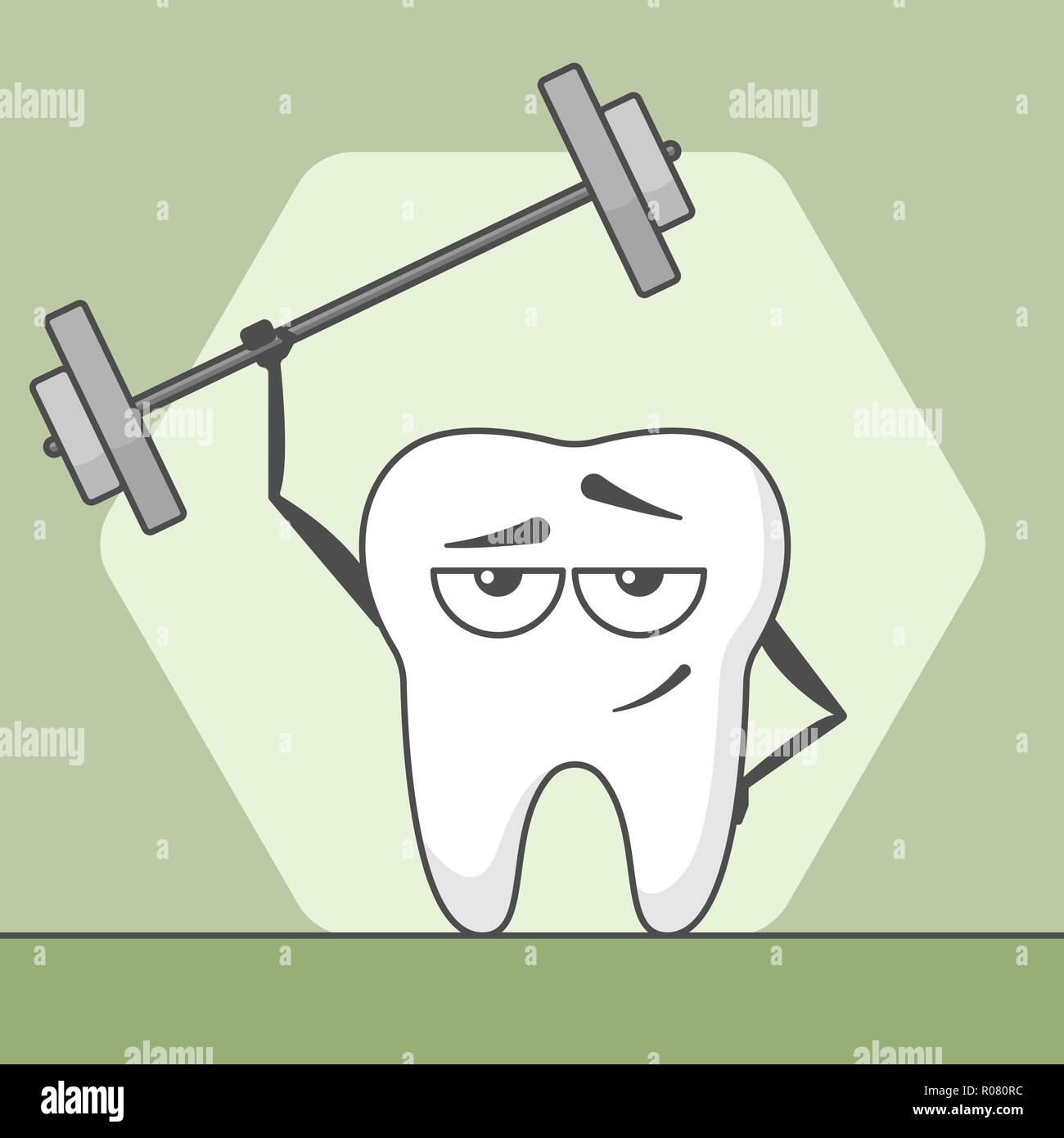 Strong cartoon tooth is in the fitness lifting weight single-handed. Stock Vector