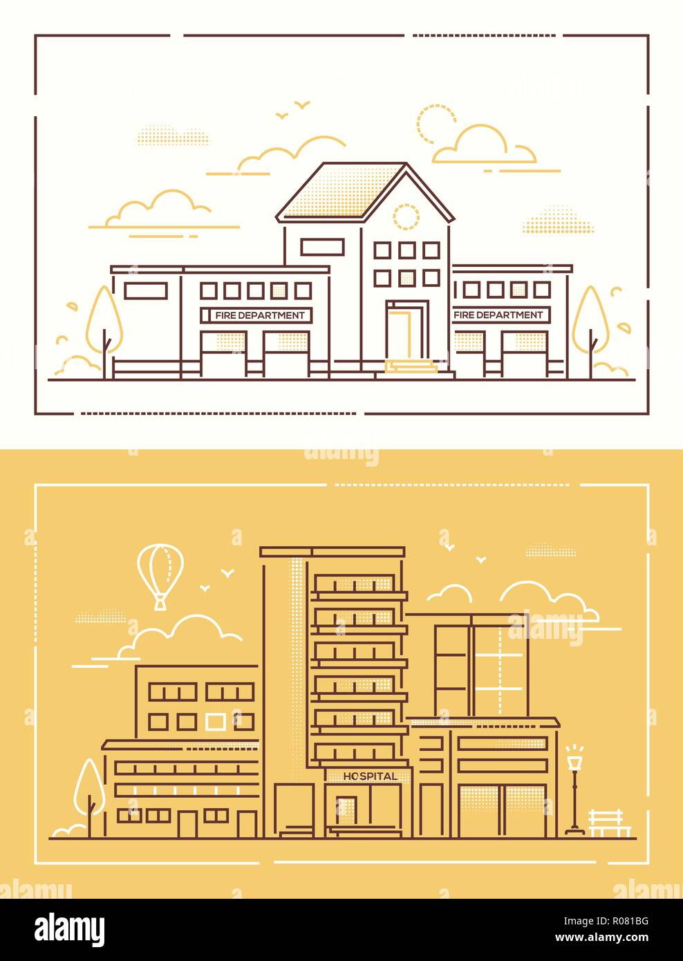 Fire department and hospital - set of line design style vector ...