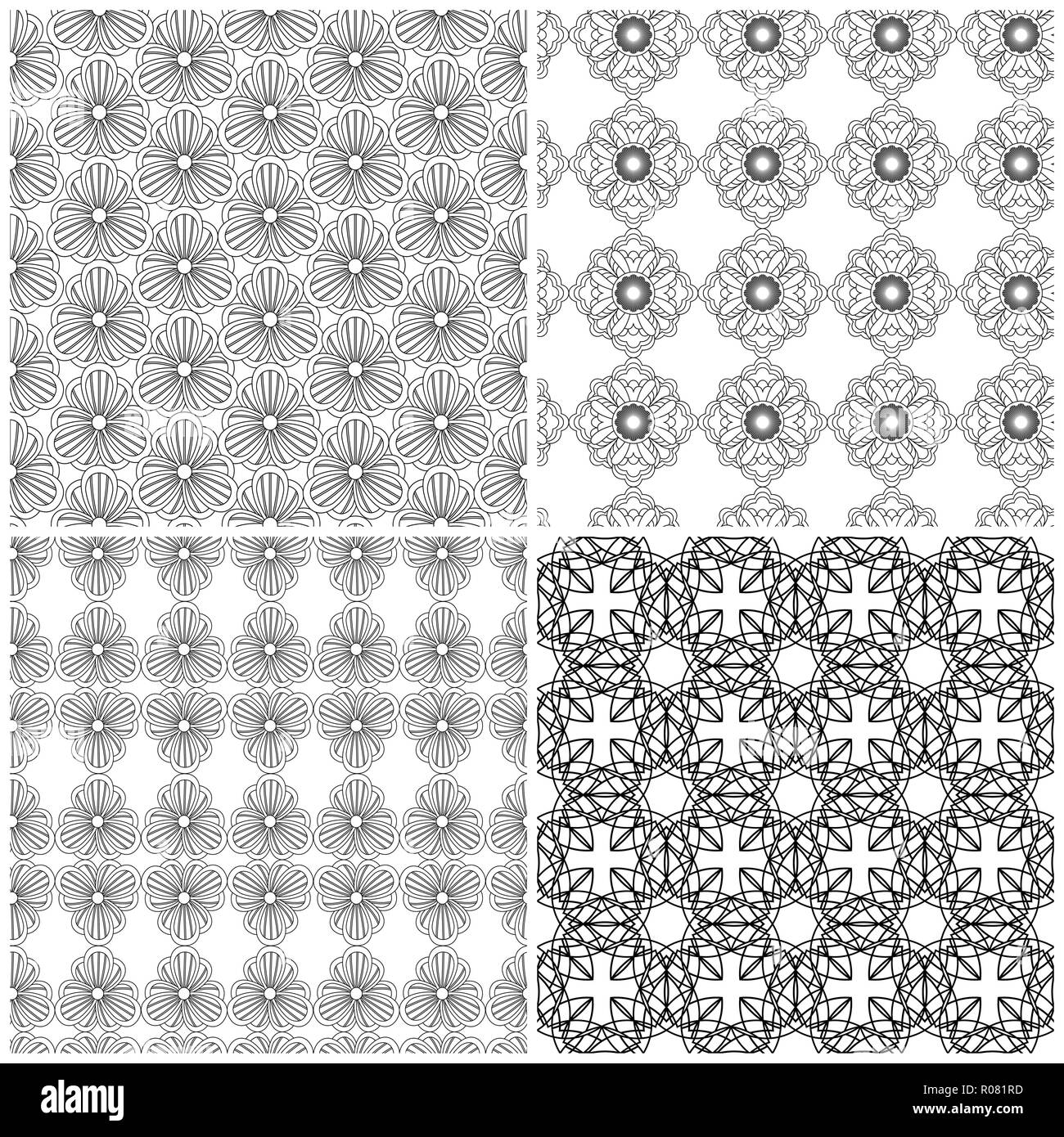 Set Of Four Abstract Seamless Floral Mesh Patterns With Interlacing Black Lines On The White Background Vector Hand Drawing Stock Vector Image Art Alamy