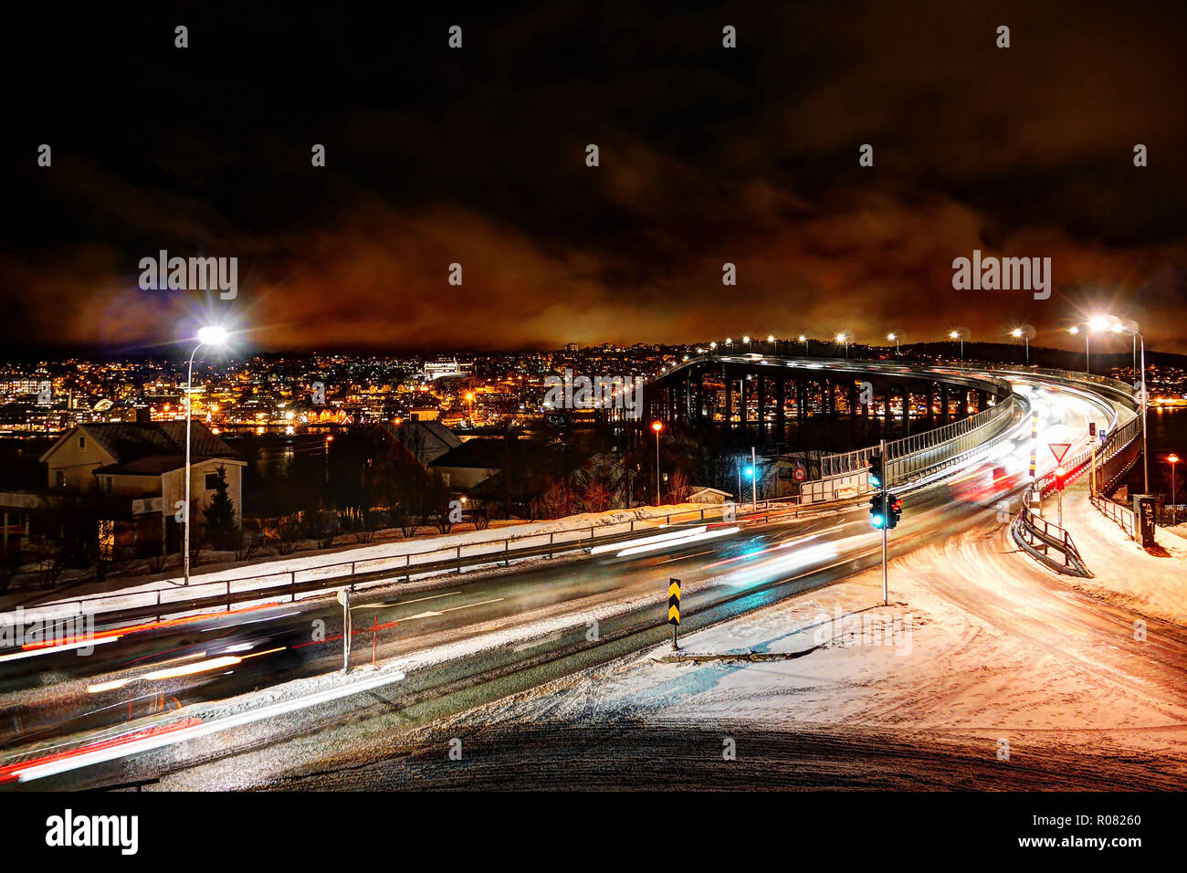 Tromso - Tromsdalen bridge during polar night, Norway Stock Photo