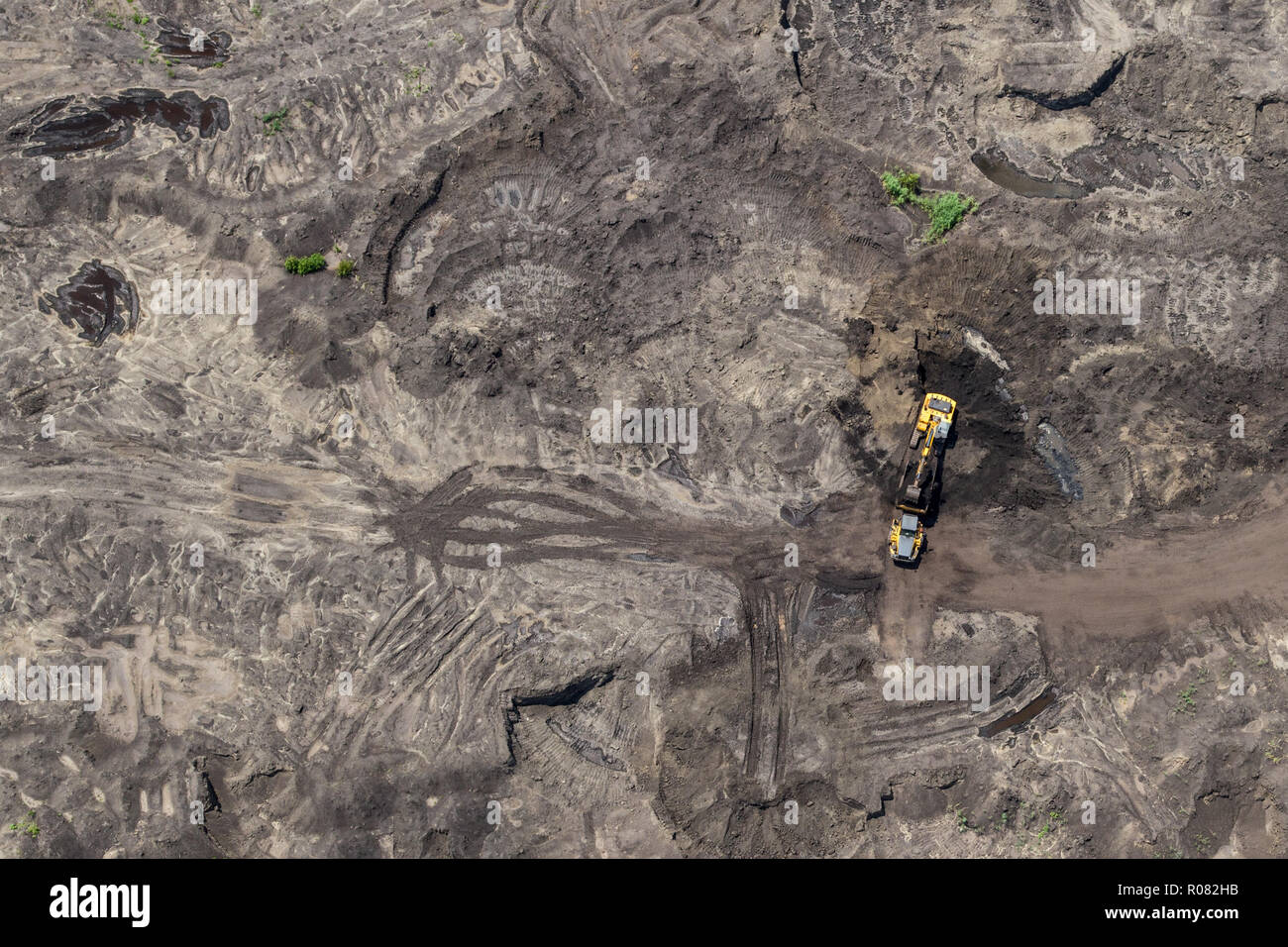 Aerial view of diging lignite on surface mining, environmental disaster ...
