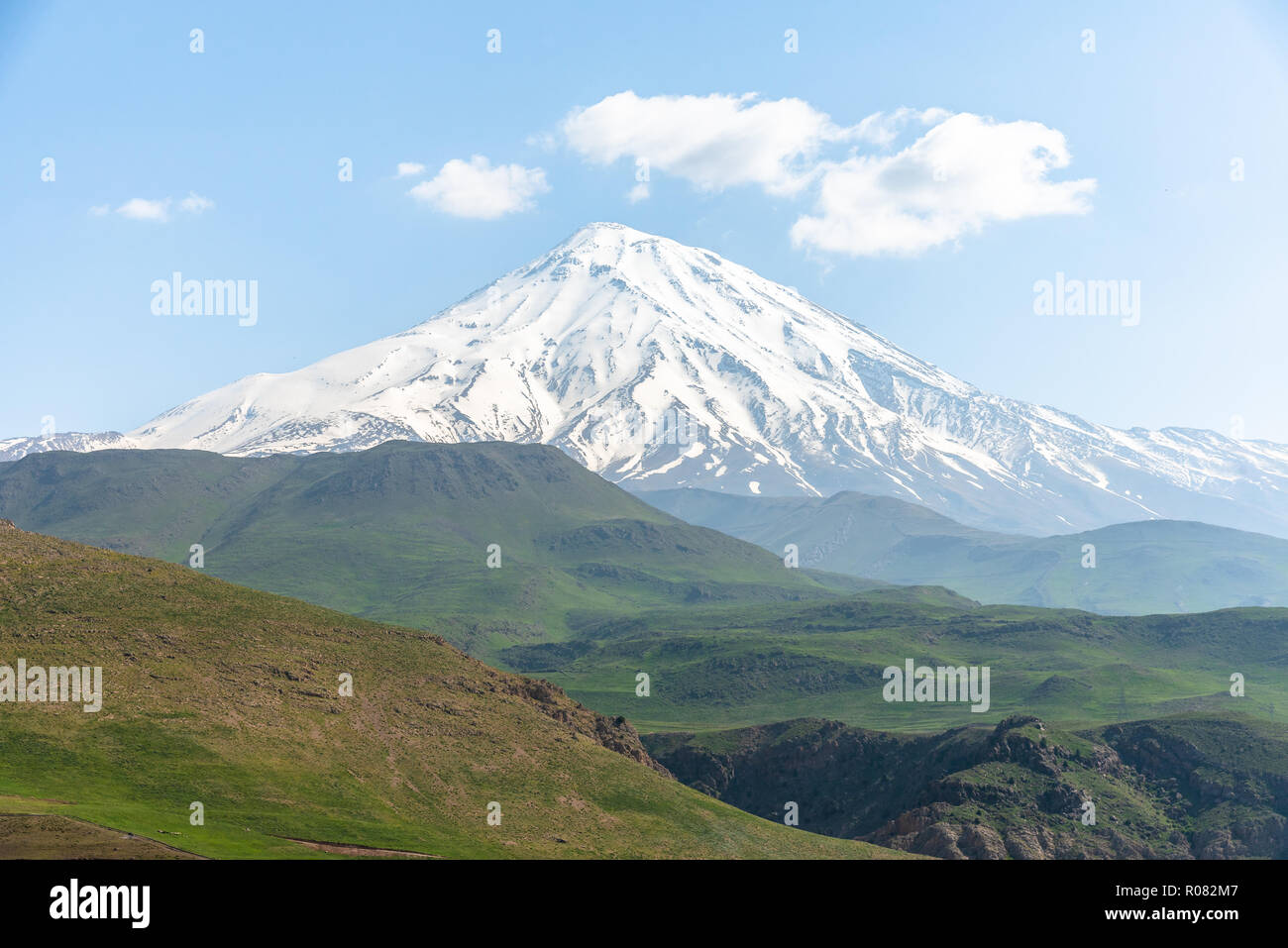 Mount Damavand (5.610m) , snow capped and potetially active volcano, highest peak in Iran and highest volcano in Asia. Stock Photo