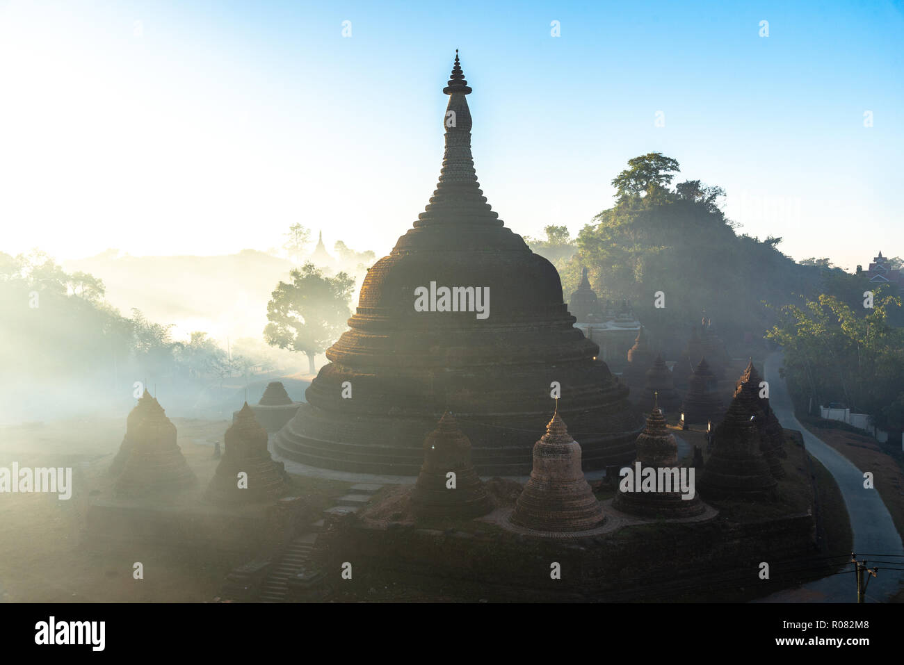 Ratanabon temple of the ancient Mrauk U kingdom in the morning fog, Myanmar Stock Photo