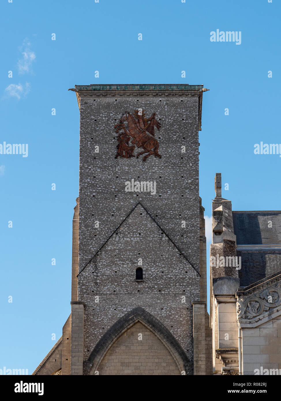 The Charlemagne Tower is a remnant of an old basilica dedicated to Saint Martin de Tours and located in Tours, rue des Halles, in the historic centre  Stock Photo