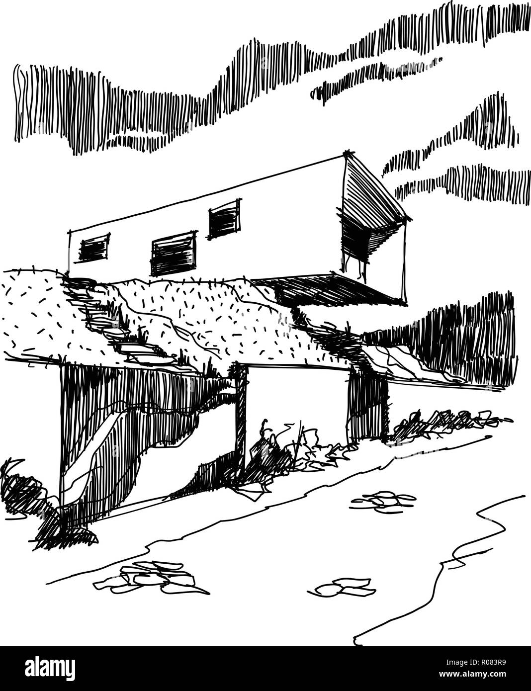 hand drawn sketch of modern detached house with fence and entrance gate