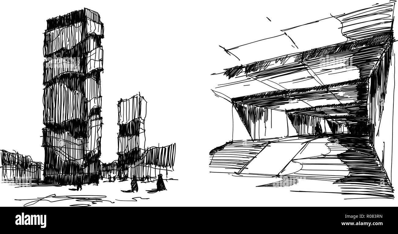 Two Hand Drawn Architectectural Sketches Of A Modern