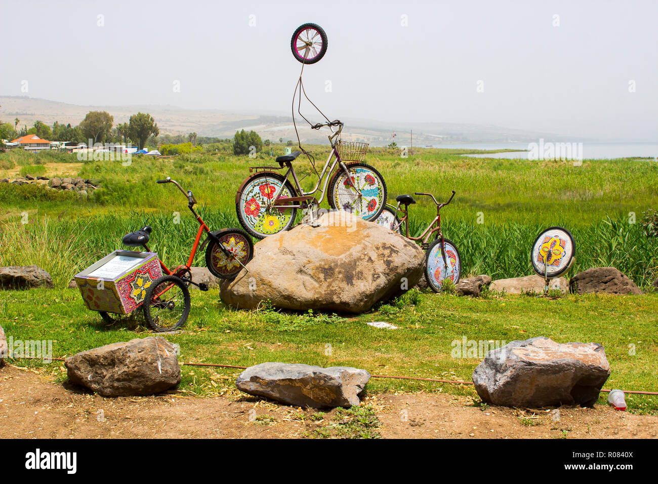 3 May 2018 A Psychedelic art installation themed on cycles and pushbikes at the Yigal Allon Centre on the shore of the Sea of Gallilee in Israel Stock Photo
