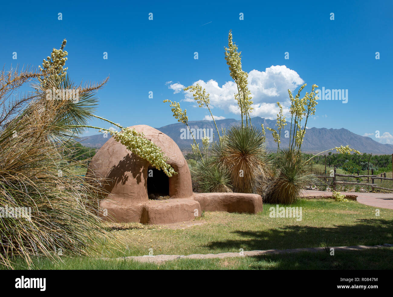 Southwestern Scene, Horno Adobe Clay Oven with Tall Yucca Blooms, Blue Sky, Clouds  and Mountains. Stock Photo